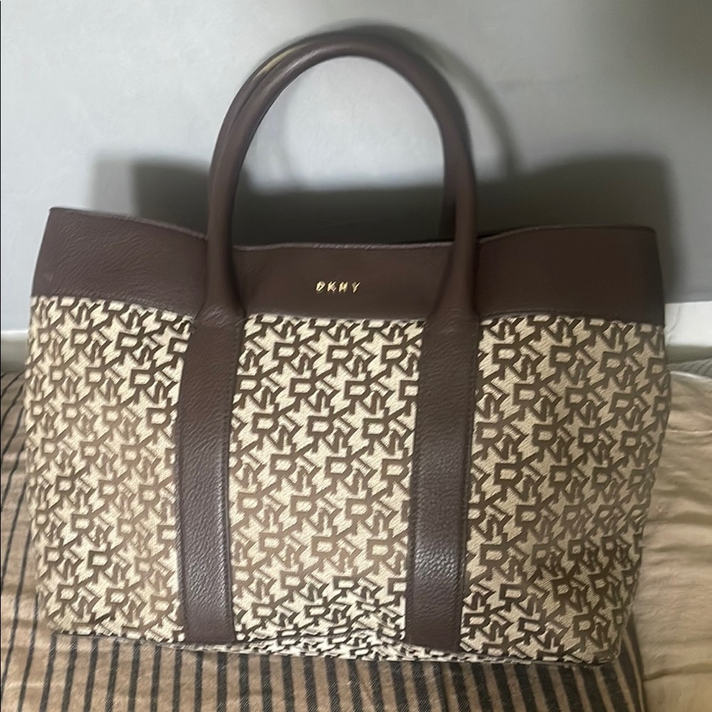 DKNY Brown and Cream Geometric Tote Bag